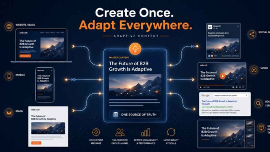 Adaptive content marketing system showing one message distributed across website, mobile, email, social media, search, and sales channels