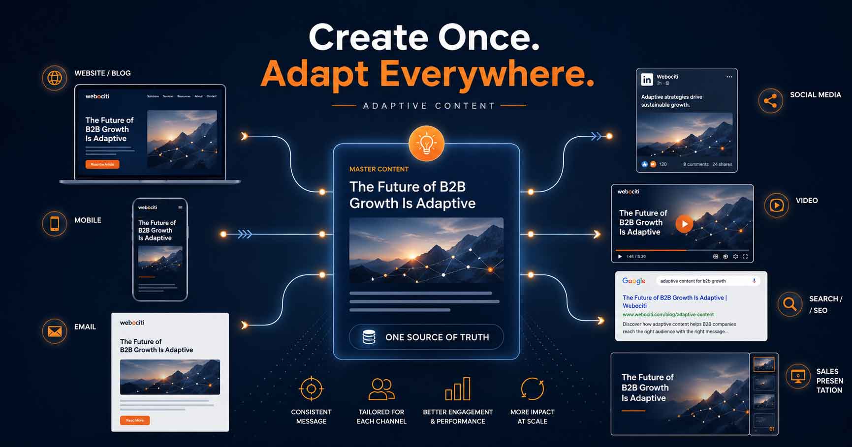 Adaptive content marketing system showing one message distributed across website, mobile, email, social media, search, and sales channels