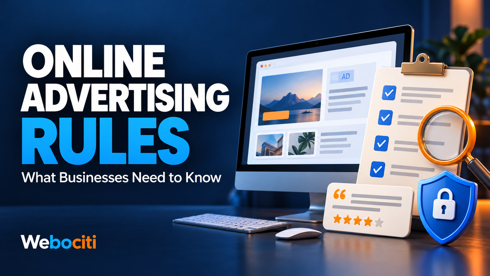 Online advertising rules illustrated with a campaign checklist, customer review card, and privacy shield.
