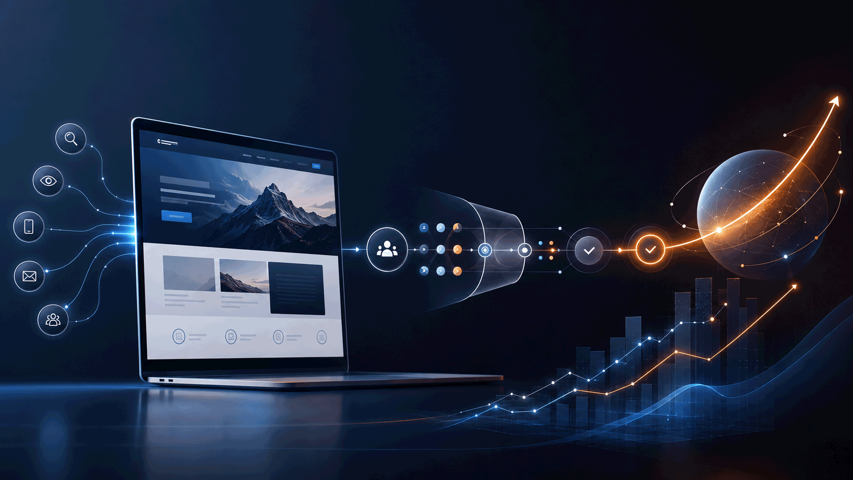 Customer journey optimization connecting website engagement, qualified leads, conversion, and revenue growth