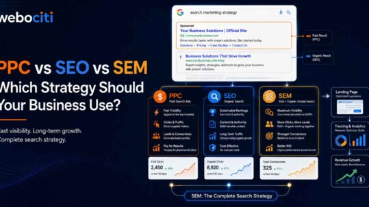 PPC vs SEO vs SEM graphic comparing paid search, organic search, and complete search marketing strategy with landing pages, tracking, and revenue growth