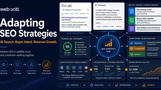 Adapting SEO strategies graphic showing AI search, buyer intent, technical SEO, adaptive content, lead generation, and revenue growth