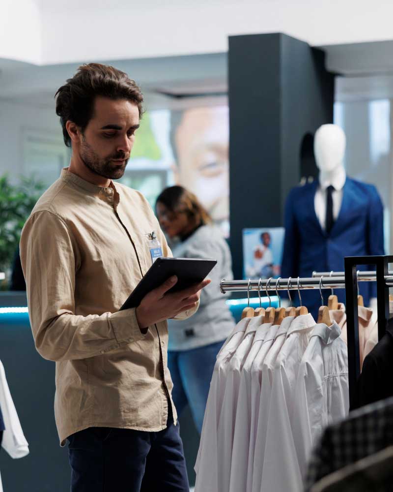 Retail store manager managing online and in-store demand with a tablet