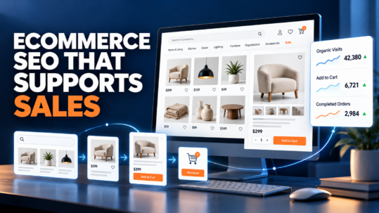 Illustrated online store with product listings, checkout steps, and a sales dashboard