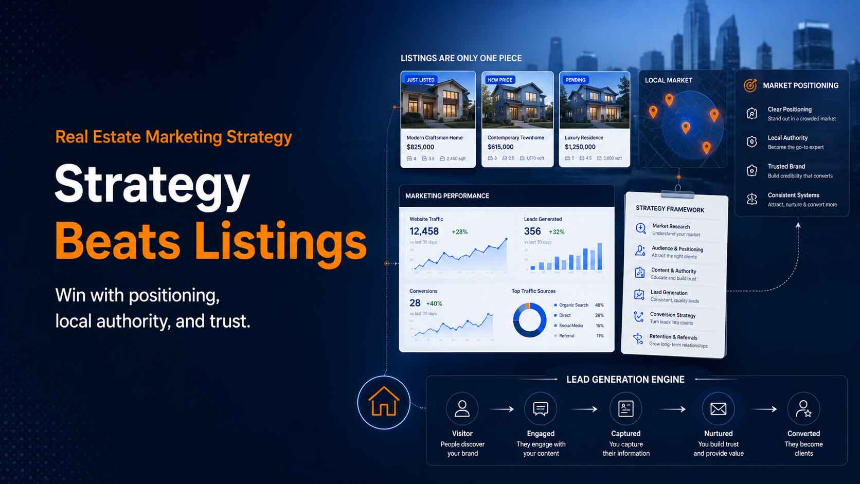 Real estate marketing strategy graphic showing listings, local market positioning, lead generation, analytics, and authority-building systems for agents and brokers
