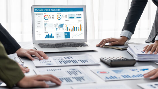 Search engine optimization performance review showing website traffic analytics and business growth metrics