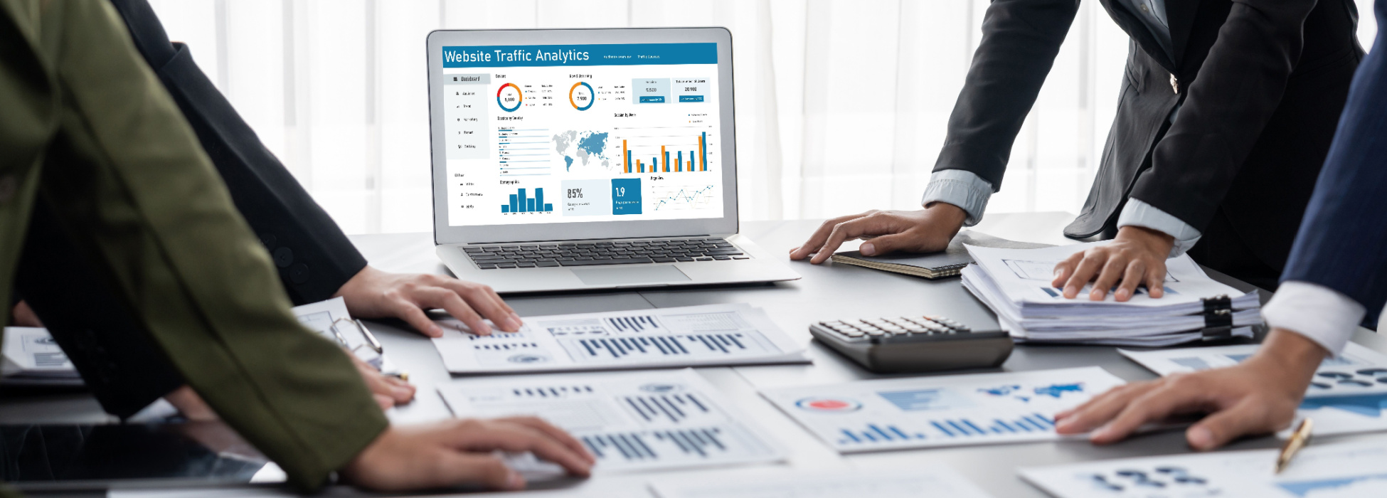 Search engine optimization performance review showing website traffic analytics and business growth metrics