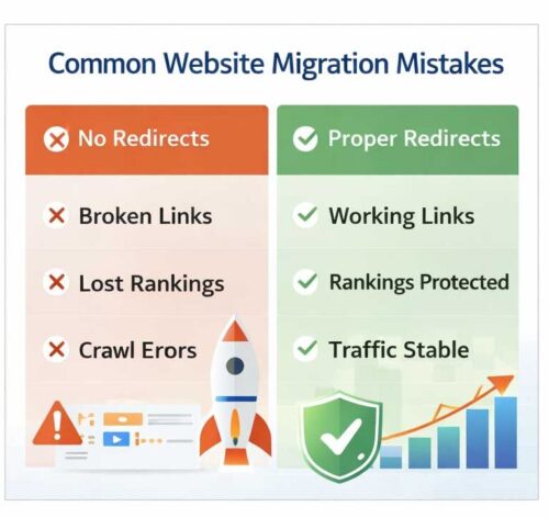 Common website migration mistakes including broken links lost rankings and crawl errors
