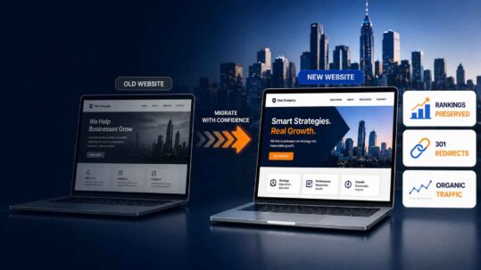 Website migration showing an old website moving to a new website with rankings preserved, 301 redirects, and organic traffic protected