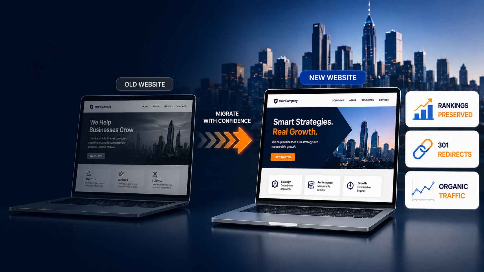 Website migration showing an old website moving to a new website with rankings preserved, 301 redirects, and organic traffic protected