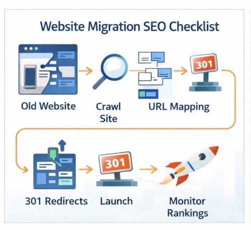 Website migration SEO checklist showing crawl URL mapping redirects launch and monitoring steps