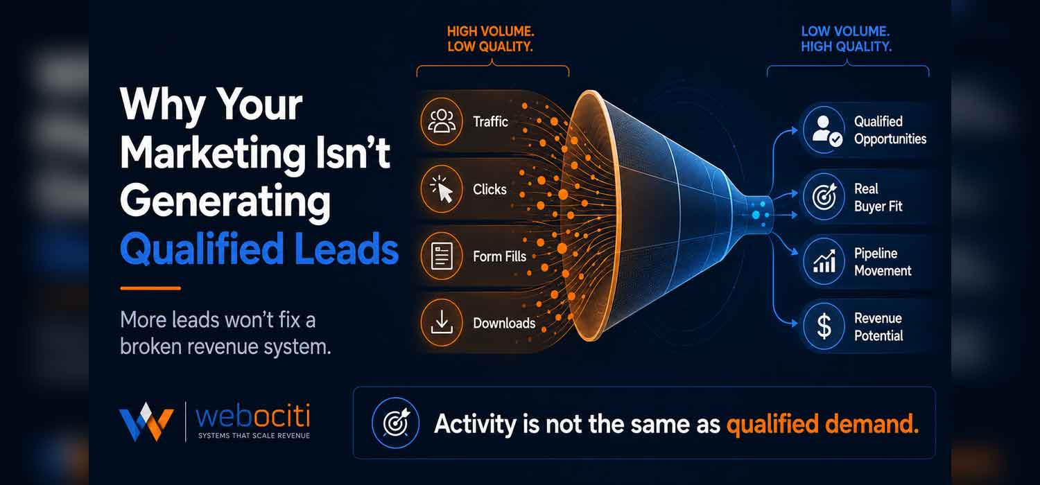 Why Your Marketing Isn’t Generating Qualified Leads graphic showing high-volume low-quality marketing activity filtering into fewer qualified revenue opportunities