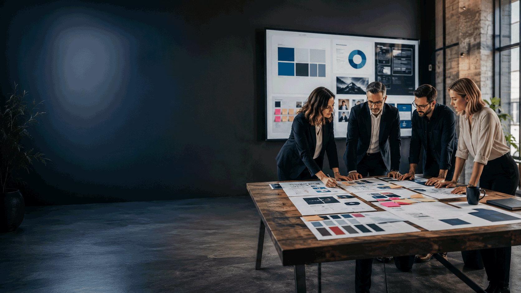 Business team reviewing brand strategy, customer insights, and creative concepts in a modern studio