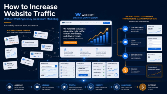 Website traffic strategy graphic showing random marketing tactics connected to audience, messaging, SEO visibility, website conversion, lead generation, tracking, and revenue growth